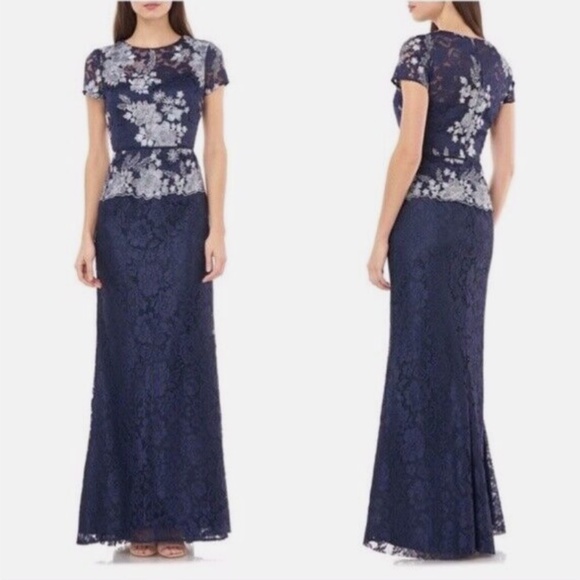 NWT JS Collections Gown Navy Lace with Silver hued floral Embroidery, Size 4 - Picture 1 of 9